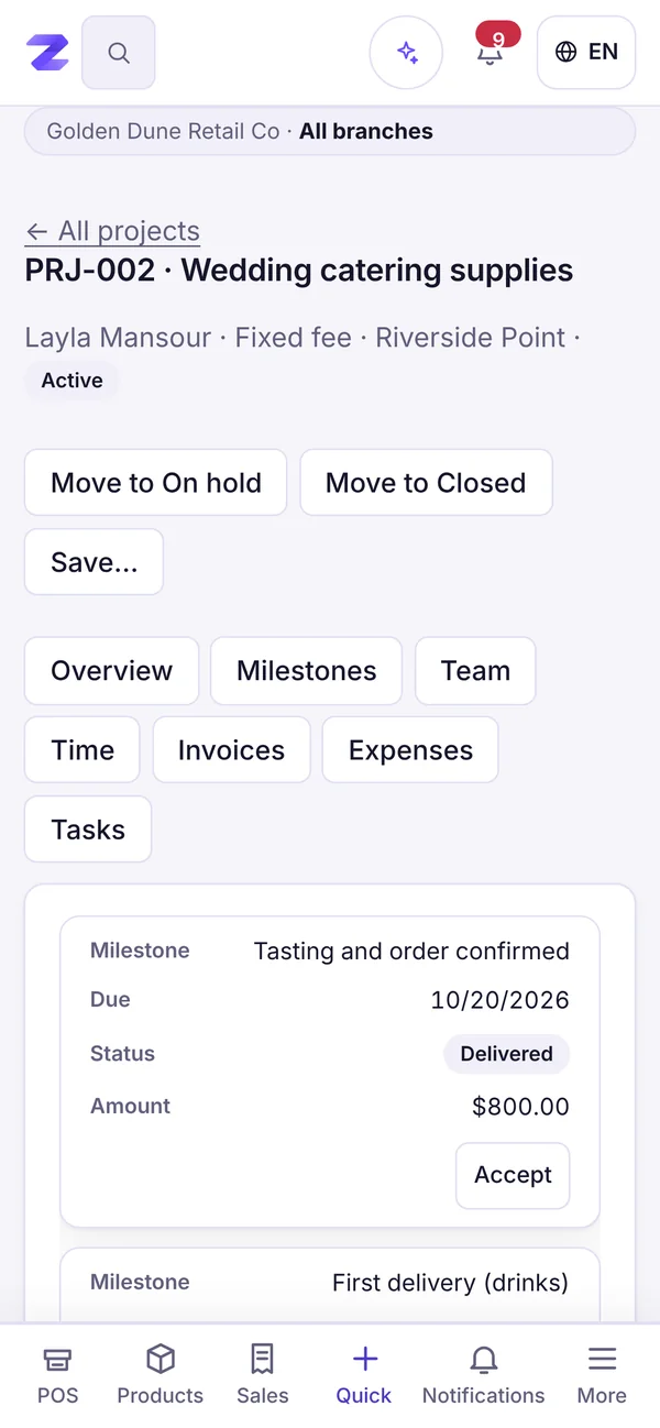 Projects with milestones, time and budget
